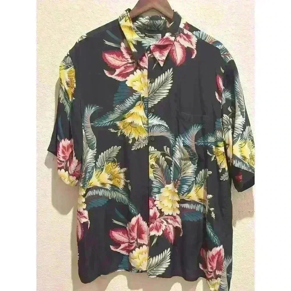 VTG‎ Reyn Spooner Mens XXL Button Up Shirt Black Short Sleeve Floral Hawaiian